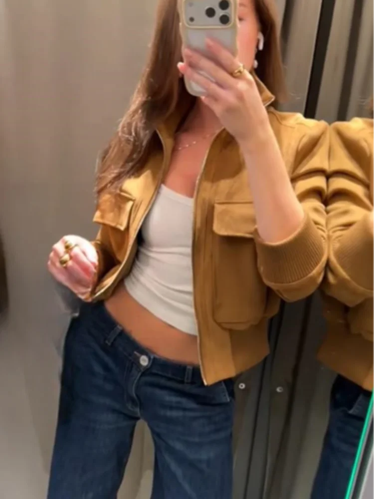 Blouson Bomber Femme Courte Effet Daim Kaki avec Fermeture Éclair et Poches