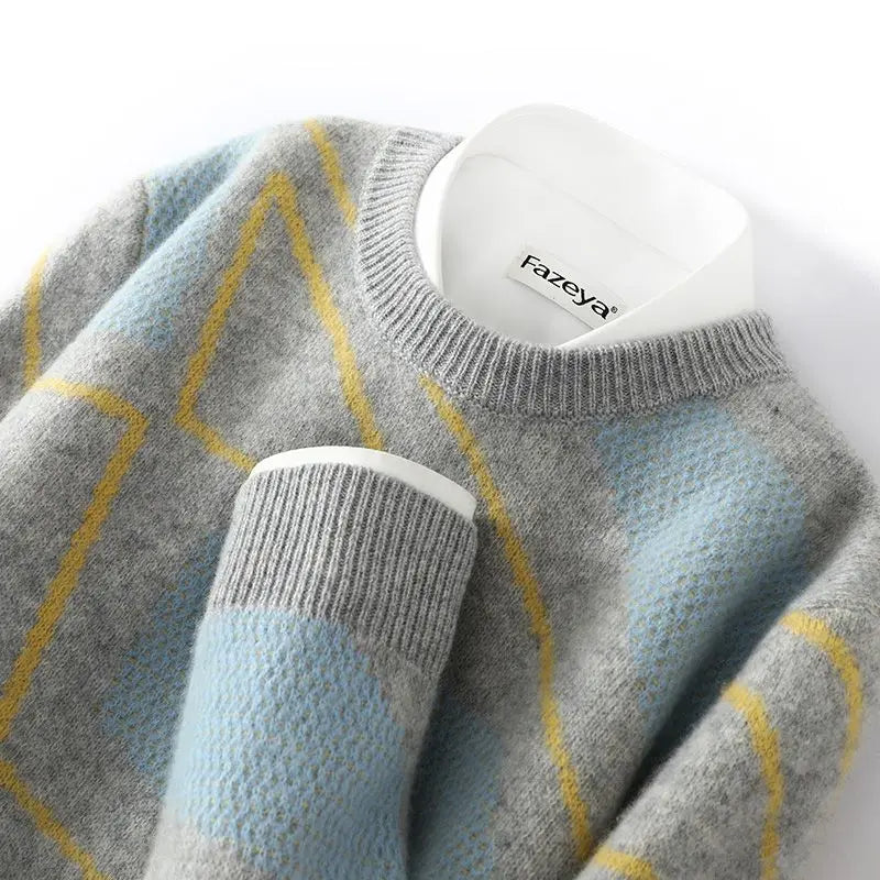 Męski sweter z dzianiny w romby, okrągły dekolt, długie rękawy