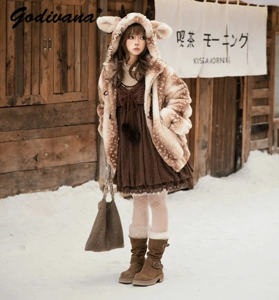 Women's Beige and White Deer-Print Faux Fur Hooded Coat
