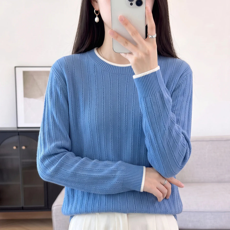 Pull en maille côtelée pour femme, col rond, manches longues, finitions contrastées