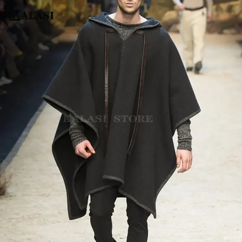 Poncho Homme à Capuche Noir Style Moderne Manches Amples