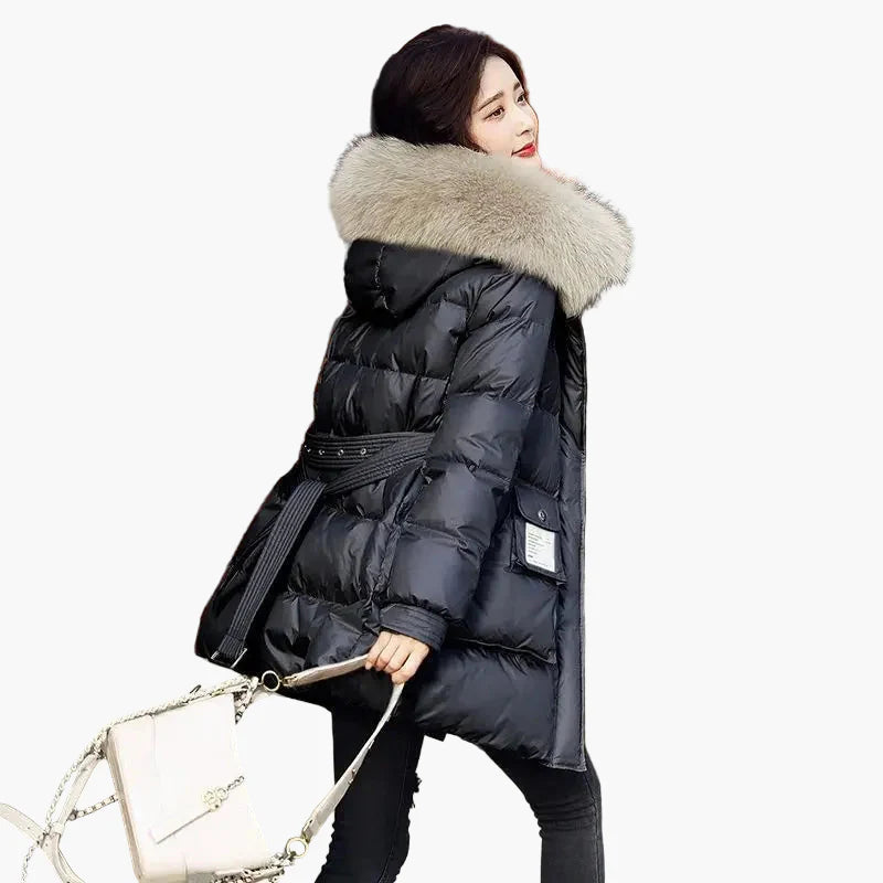 Cappotto piumino donna con cappuccio e collo in pelliccia stile urbano inverno caldo