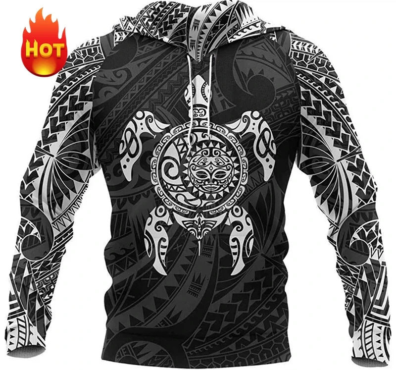 Printed tribal hoodie with sea turtle or manta ray motif, relaxed fit