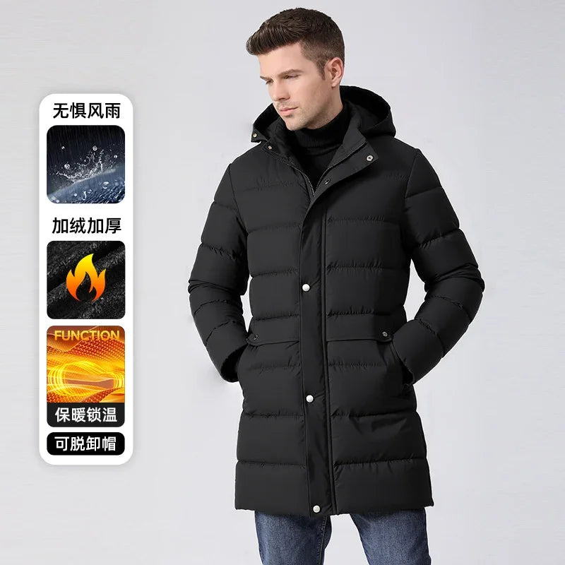 Abrigo largo acolchado de hombre con capucha desmontable, impermeable y cortavientos