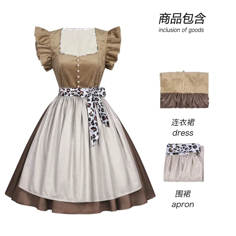 Abito dirndl tradizionale beige e marrone con grembiule leopardato da donna