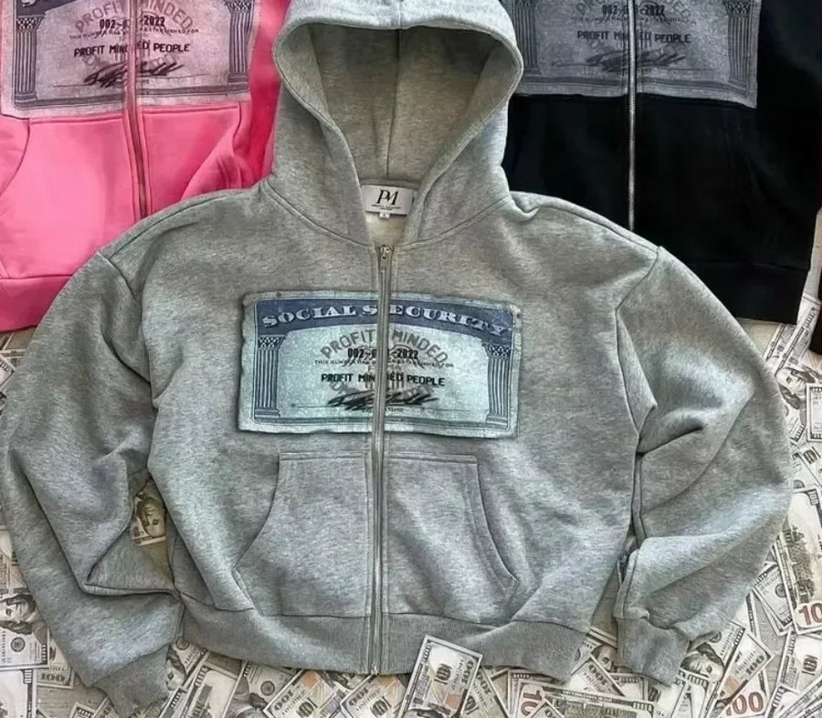 Sweat à Capuche Zippé Court Imprimé Type "Social Security"
