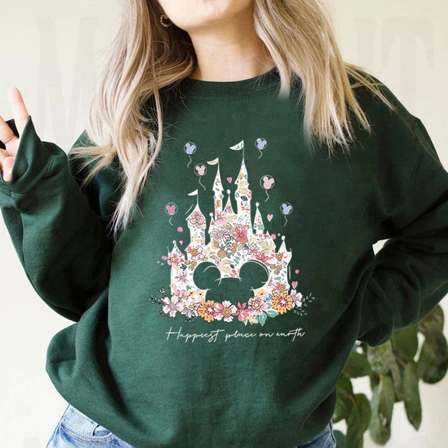 Sudadera de mujer de cuello redondo con estampado floral del castillo «Happiest Place», blanca