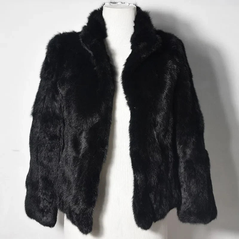 Veste courte femme en fourrure synthétique élégante, col montant, manches longues
