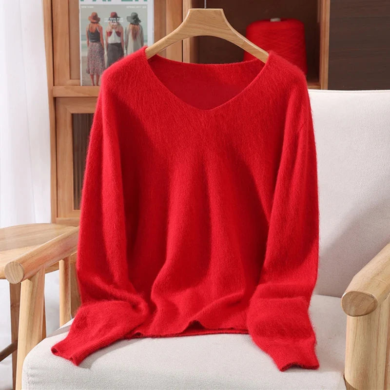 Maglione donna confortevole a collo a V, con maniche lunghe, in materiale morbido