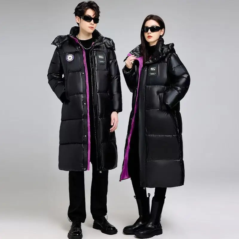 Plumífero largo negro acolchado unisex con capucha