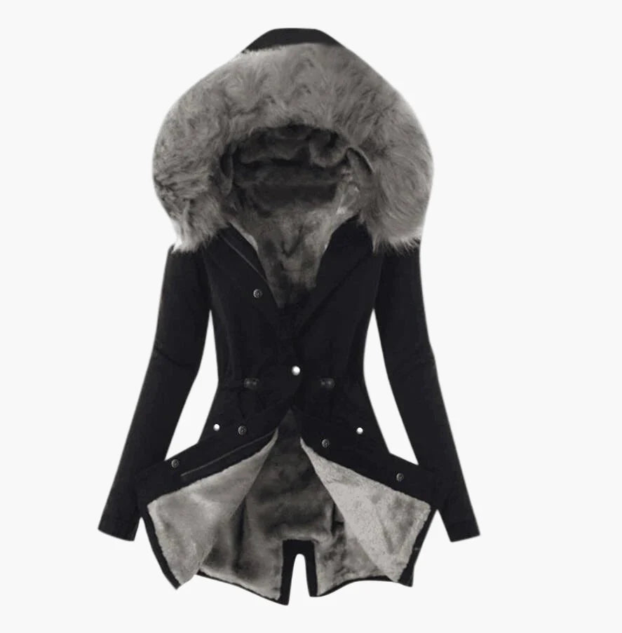 Cappotto invernale donna elegante con cappuccio ampio foderato stile urbano caldo
