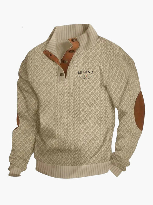 Sweat-shirt homme style vintage Milano Italia avec col boutonné et coudières – Mode décontractée élégante