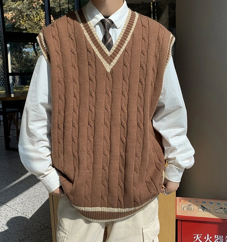 Gilet Pull Homme Sans Manches Col V Tricot Torsadé Rayures Contrastées