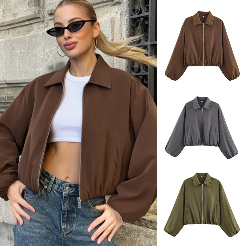 Women's Plain Short Women's Jacket with Zipper and Classic Collar