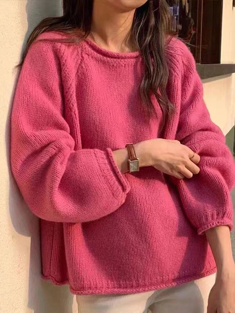 Pull ample à manches raglan et col rond en maille côtelée pour femme