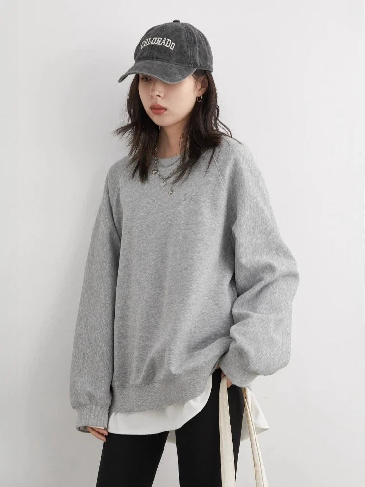 Sweatshirt Femme Col Rond Bleu Clair Manches Longues Brodées