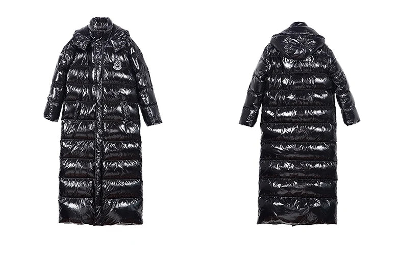 Men's long shiny black hooded puffer coat