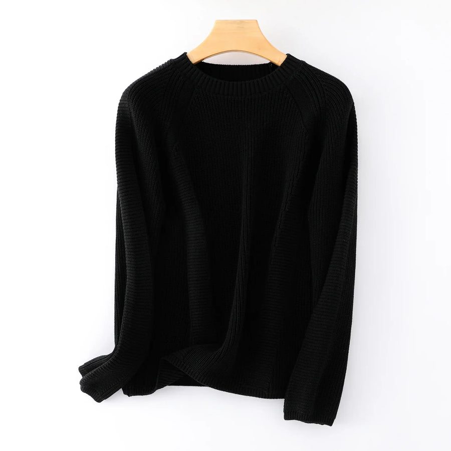 Maglione da donna lavorato a maglia con collo rotondo, maniche lunghe raglan, colore a tinta unita, stile casual