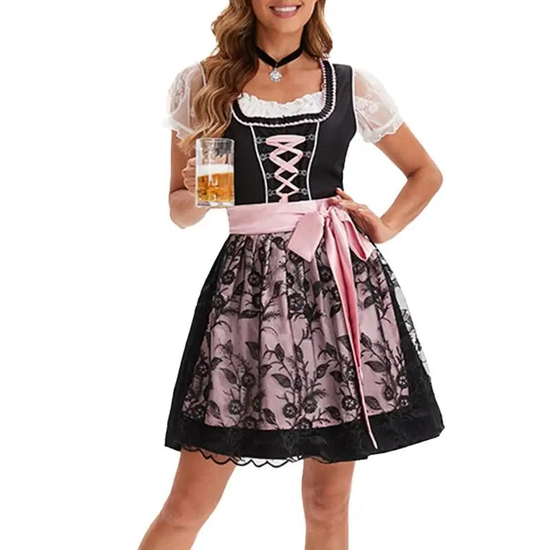 39BB ølkostume, dirndl, kjole, bluse, forklæde, tysk bayersk Oktoberfest-kostumesæt