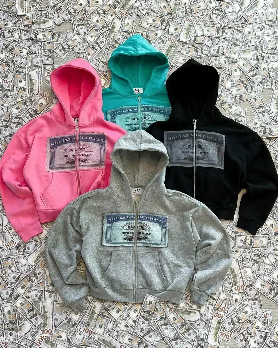 Sweat à Capuche Zippé Court Imprimé Type "Social Security"