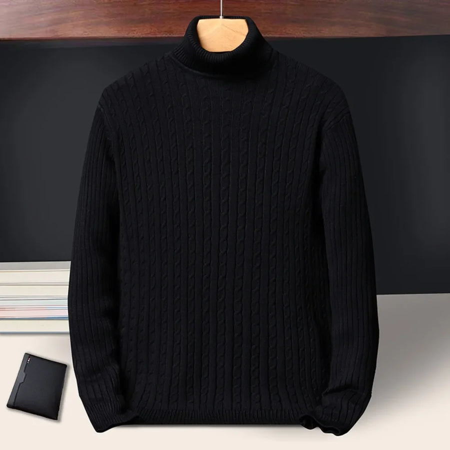 Pull Col Roulé Homme Torsadé Tricoté Couleur Unie Manches Longues