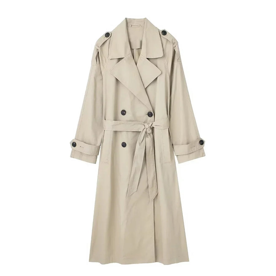 Langer Damen-Trenchcoat mit zweireihiger Knopfleiste und Gürtel in Khaki oder Beige