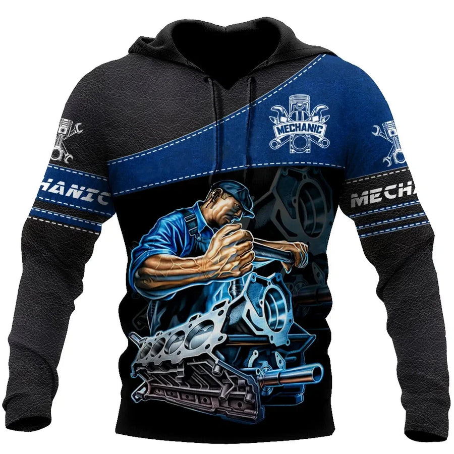 Sweat à Capuche Homme Imprimé Mécanicien Moteur Engrenages Outils