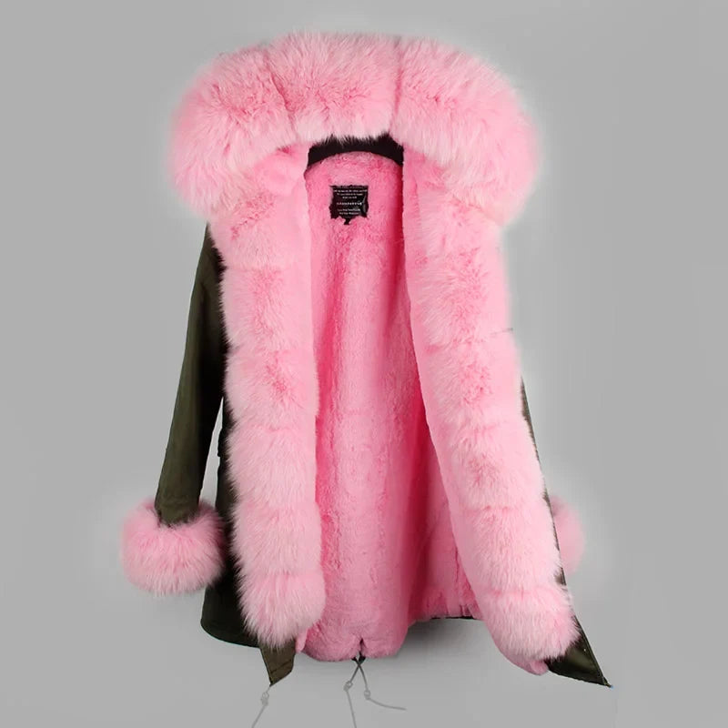 Parka invernale da donna con cappuccio, pelliccia rosa e fodera calda