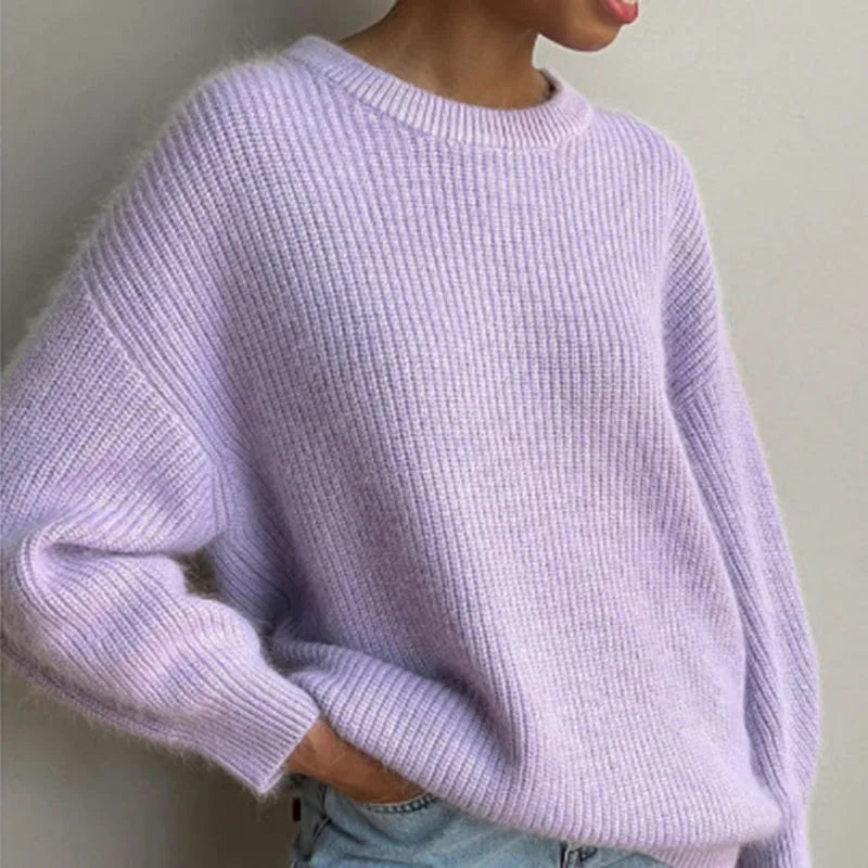 Jersey holgado de punto de canalé para mujer, con cuello redondo y mangas largas