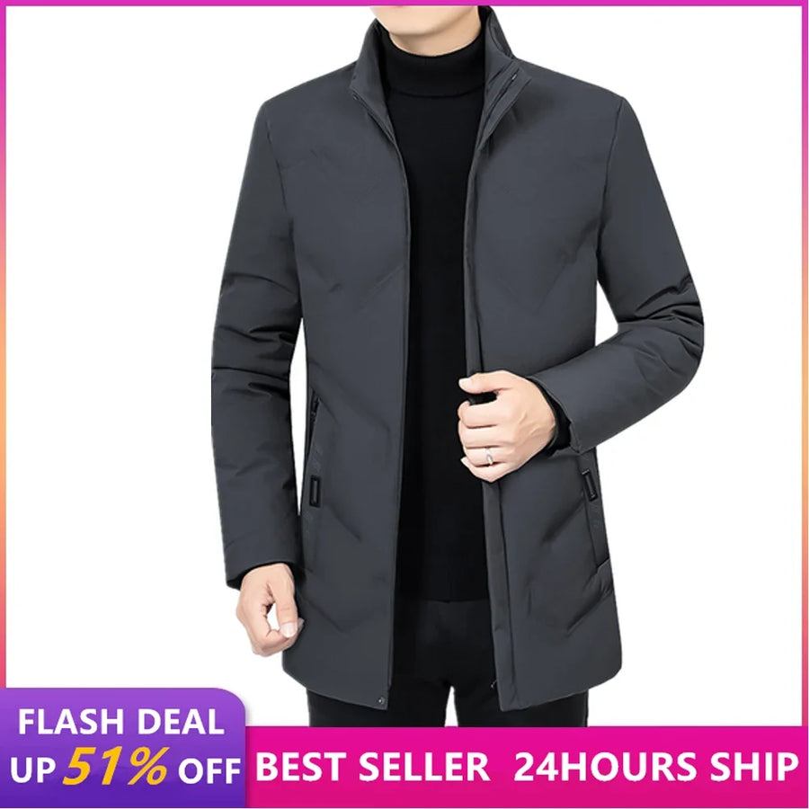 Cappotto lungo da uomo con cappuccio e chiusura a cerniera, nero