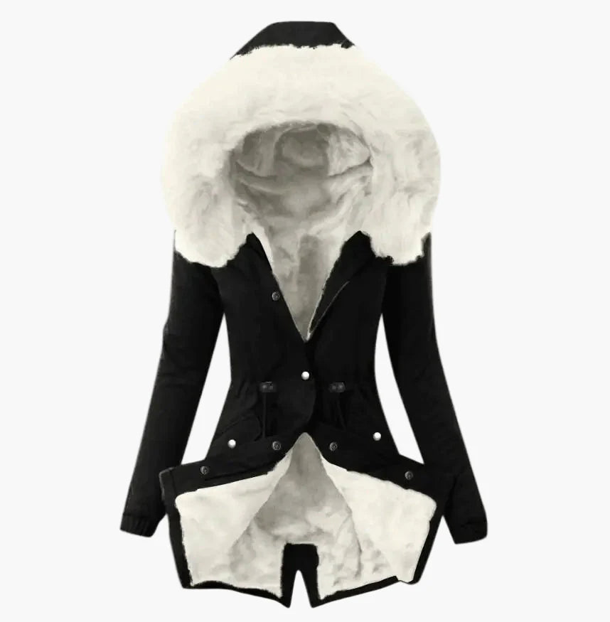 Cappotto invernale donna elegante con cappuccio ampio foderato stile urbano caldo