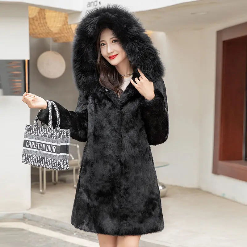 Manteau Femme Fausse Fourrure Noir à Capuche Amovible Long