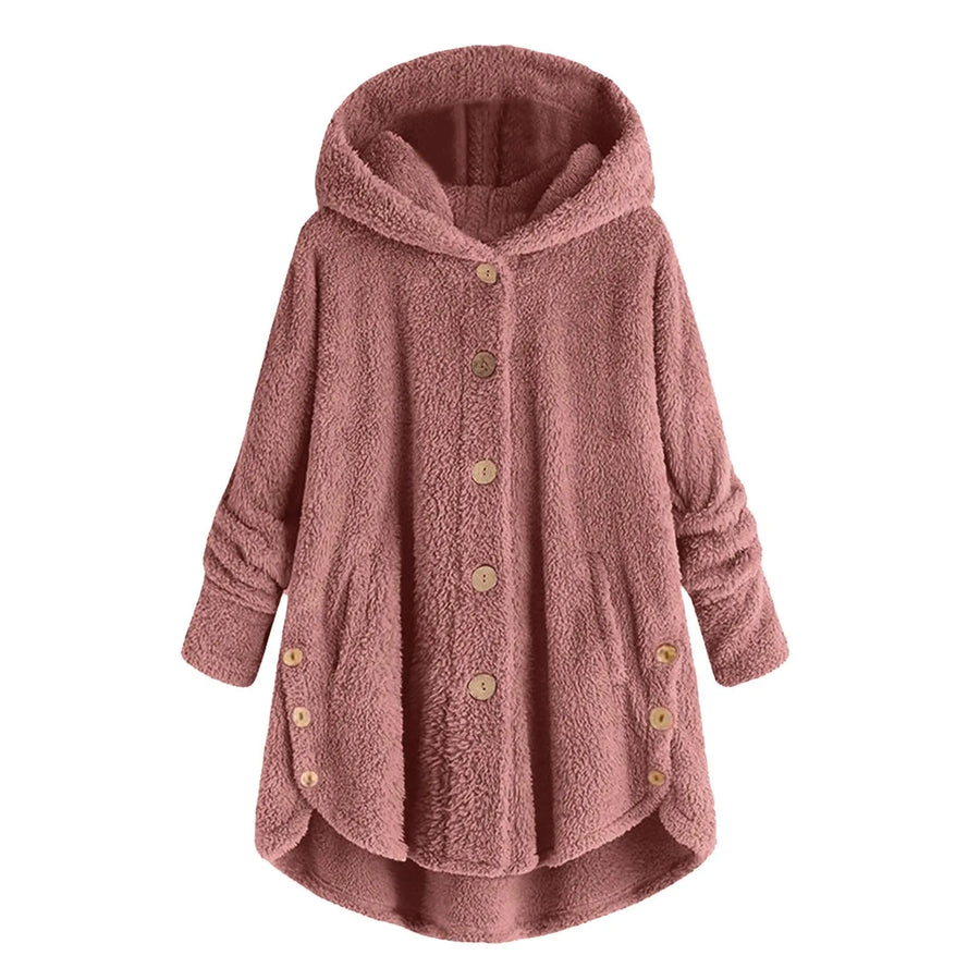 Manteau à Capuche Doux Femme, Boutons et Ourlet Asymétrique, Plusieurs Couleurs