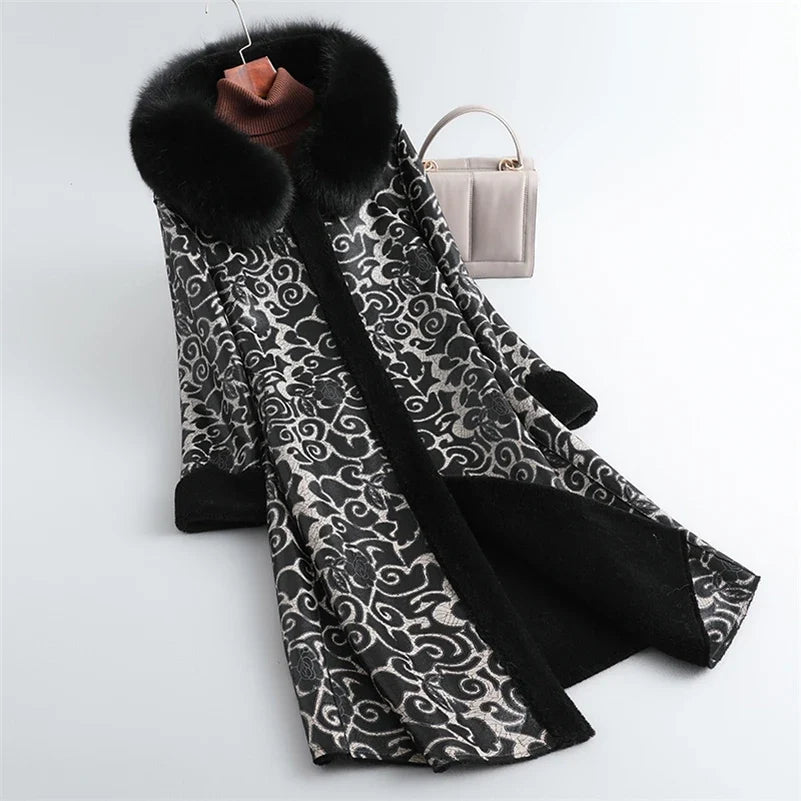 Women's Long Printed Coat with Black Fur-Look Collar and Trim