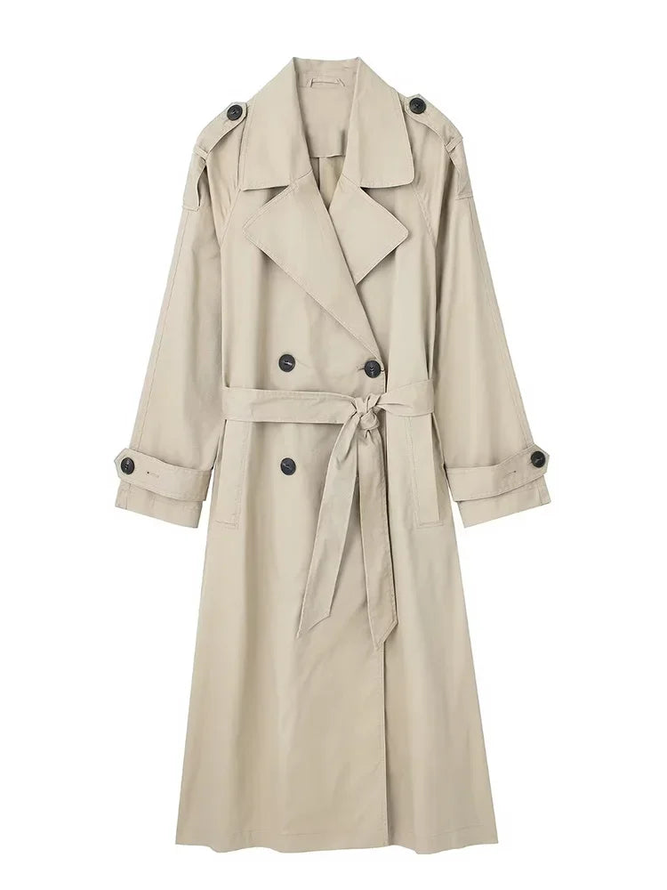 Langer Damen-Trenchcoat mit zweireihiger Knopfleiste und Gürtel in Khaki oder Beige