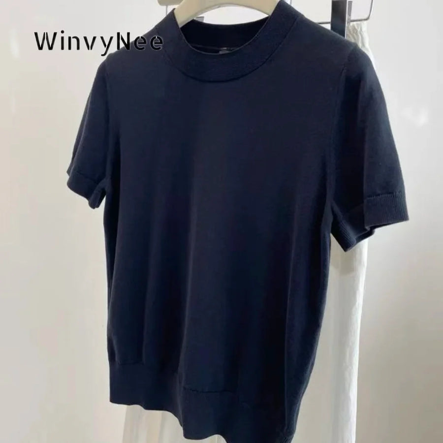 Women's solid-color short-sleeve knit T-shirt with a high neck