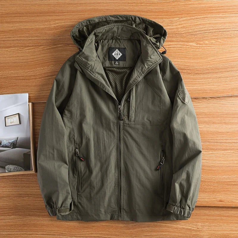 Giacca da uomo con cappuccio rimovibile, fodera in pile, chiusura con zip, beige kaki