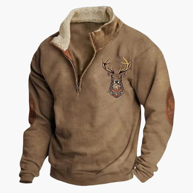 Sweat-shirt polaire homme style western à col zippé – Motifs ethniques et bisons