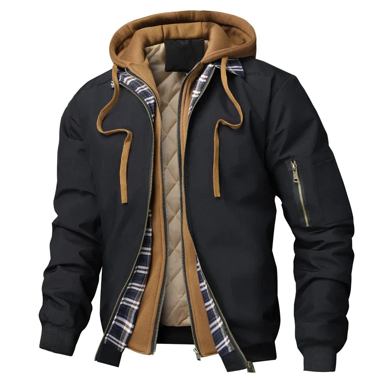 Herren-Bomberjacke mit abnehmbarer Kapuze und kontrastierendem Futter