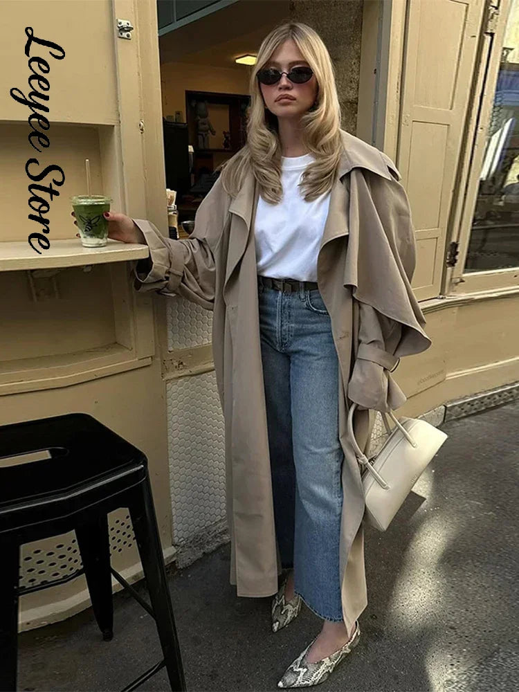 Lässiger mittellanger, taillierter Damen-Trenchcoat mit weitem Schnitt