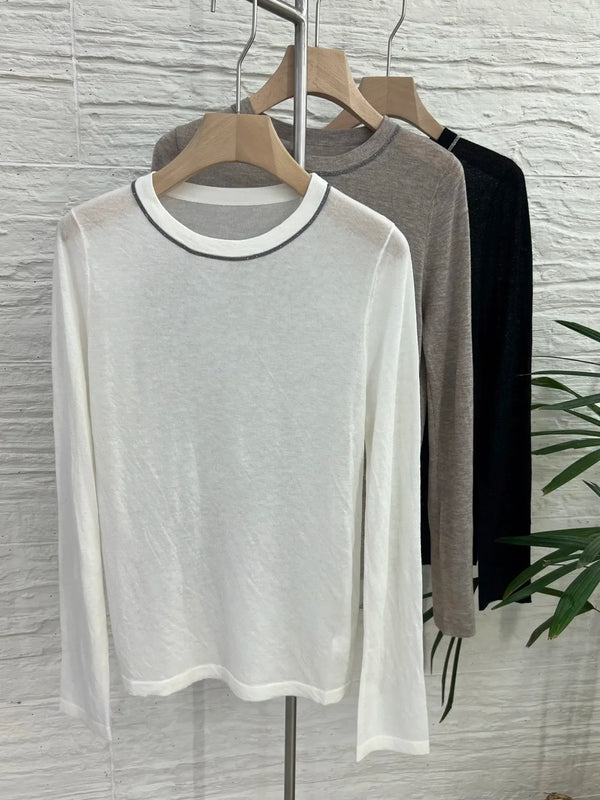 Top de manga larga y cuello redondo para mujer, con ribete en contraste
