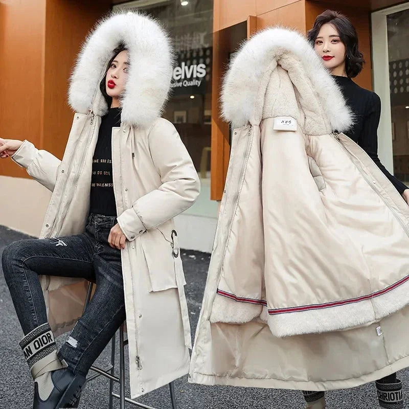 Women's long quilted parka coat with a faux-fur-trimmed hood and removable lining