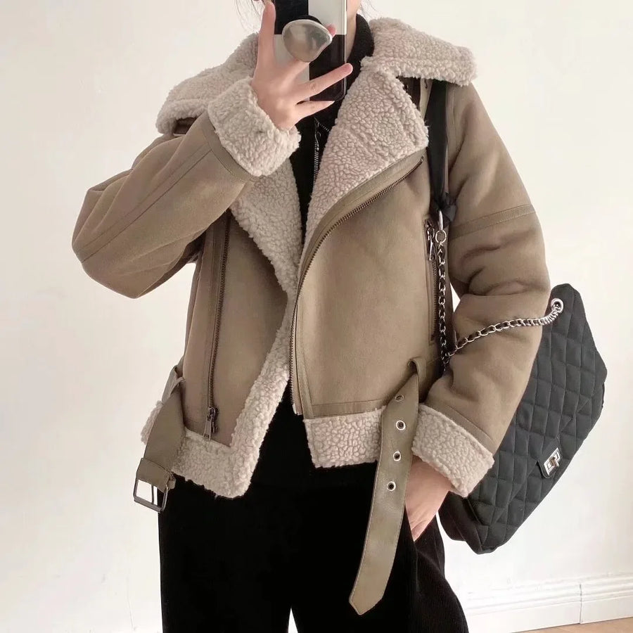 Women's Biker Aviator Jacket with Faux-Fur Collar and Lining - Black or Brown