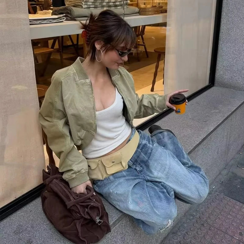 Blouson Bomber Femme Court Vert Kaki Col Relevé Manches Longues