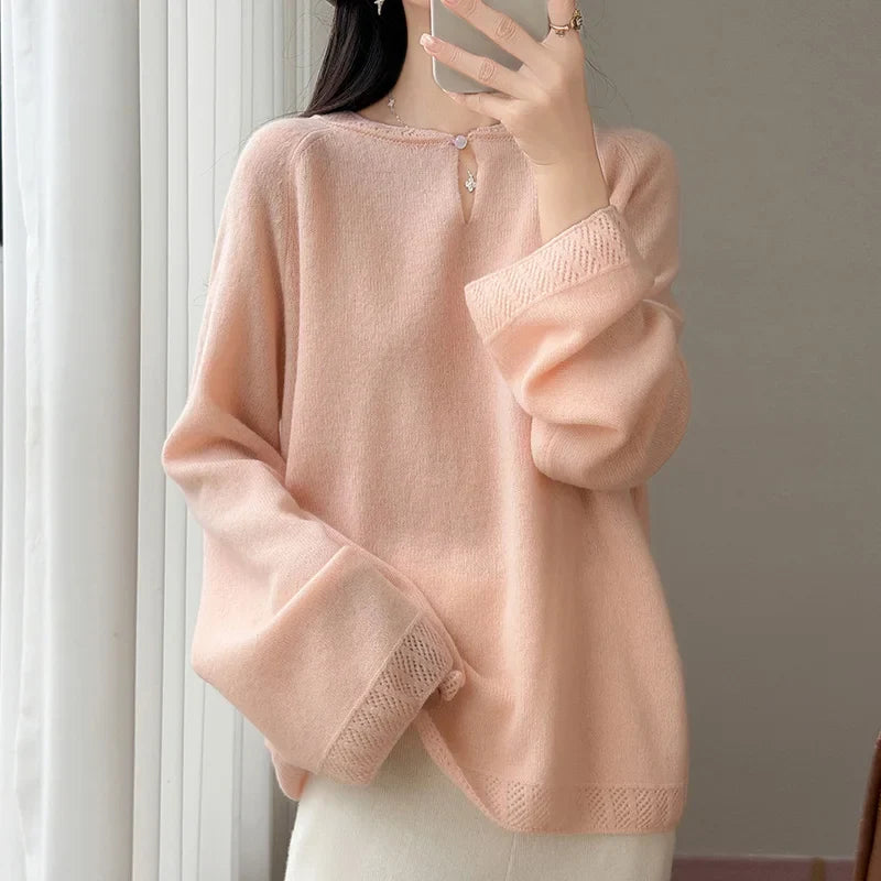 Pull en maille doux pour femme Col rond Manches longues Rose clair