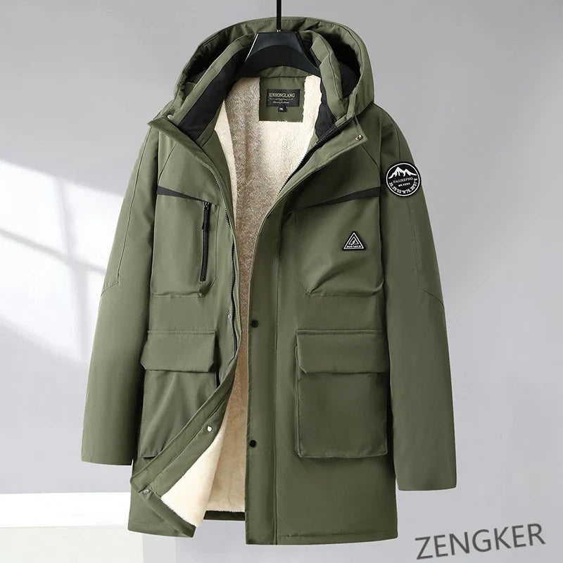 Lang varm vinterfrakk for menn med hette og fôr - Khaki eller svart