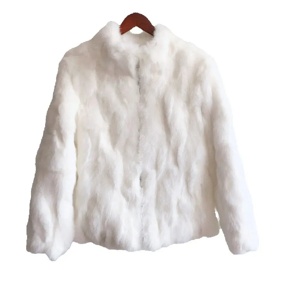 Veste courte femme en fourrure synthétique élégante, col montant, manches longues