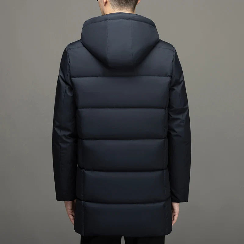 Warme lange Herren-Kapuzensteppjacke mit Füllung in Olivgrün