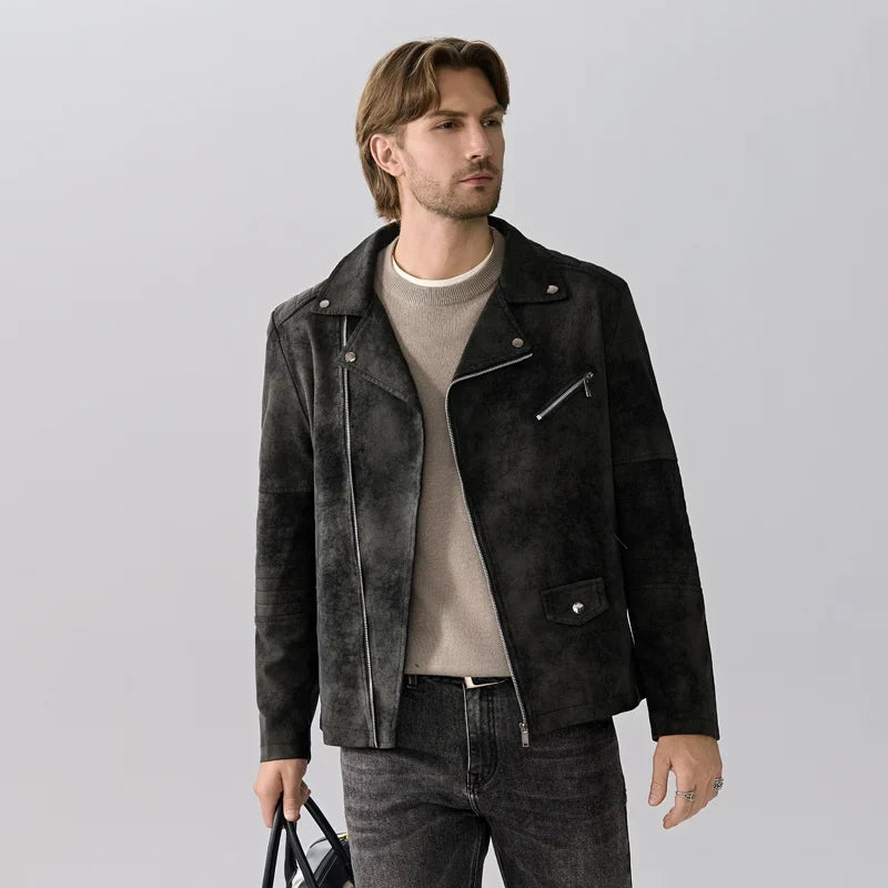 Herren-Motorradjacke mit asymmetrischem Schnitt und Reverskragen, verwaschenes Braun