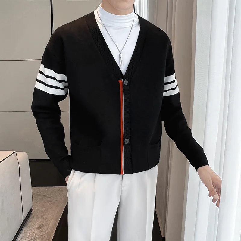 Men's button-up V-neck cardigan with sleeve stripes and tricolor details